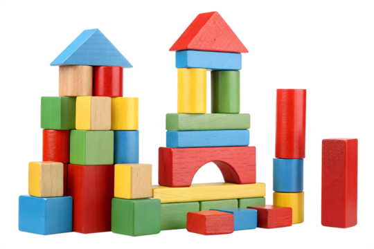 A set of colorful wooden building blocks in various shapes and sizes, stacked into a playful tower. The smooth wooden texture and bright primary colors (red, blue, green, yellow) make the blocks visua