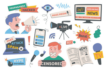 Breaking news set in flat graphic design. Collection isolated elements of message badges, propaganda, mass media, online website, fake news, spam attack, hype journalism, other. Vector illustration.