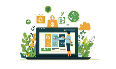 Online shopping, digital selling, ecommerce process, and customer experience through modern illustrated scenes on white background.