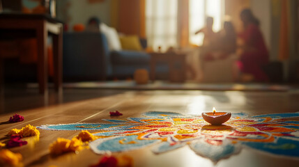 Diwali Rangoli Design with Lit Diya Candle on Wooden Floor Celebrating Hindu Festival of Lights in Warm Home Setting