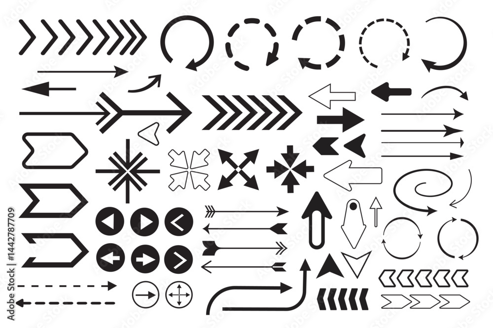 Poster Arrows set in flat graphic design. Collection isolated elements of different black cursors, circular, turning, forward, back, repeat, right, left, crossing, down, other pointers. Vector illustration.