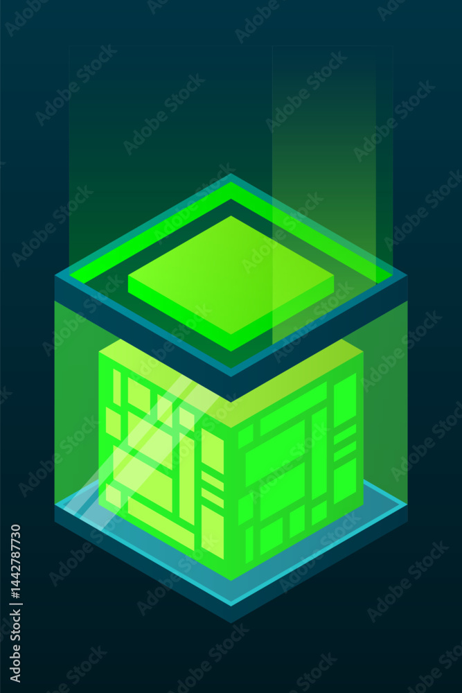 Poster isometric database. isometric futuristic server. big data isometric. cloud computing and file cloud 