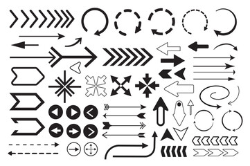 Arrows set in flat graphic design. Collection isolated elements of different black cursors, circular, turning, forward, back, repeat, right, left, crossing, down, other pointers. Vector illustration.