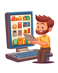 Online shopping, digital selling, ecommerce process, and customer experience through modern illustrated scenes on white background.