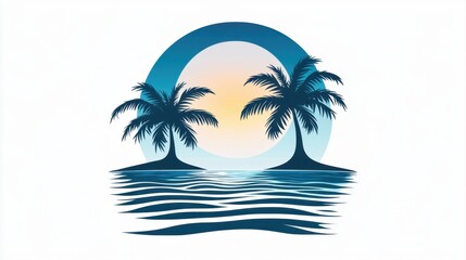 Obraz premium Tropical Island Landscape with Palm Trees and Sunset Reflection in Calm Water for Relaxation and Escape