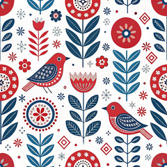 Seamless Scandinavian Folk Art Pattern with Birds and Floral Elements

