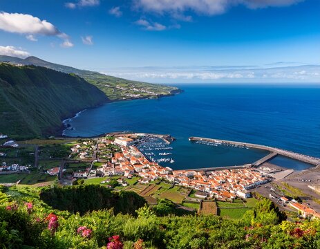 view of horta port from nossa senhora da conceicao viewpoint on coast of faial island azores portugal faial island azores portugal