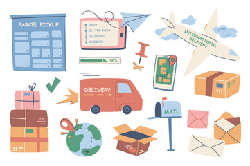 Worldwide delivery set in flat graphic design. Collection isolated elements of parcel pickup, tracking information in app, international airplane shipping, letter, mailbox, other. Vector illustration.