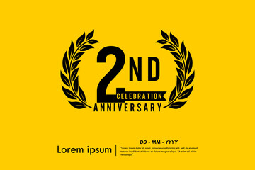 2nd years anniversary celebration emblem. anniversary logo isolated with laurel wreath and ribbon on yellow background. vector illustration template design for web, flyers, poster, greeting card	