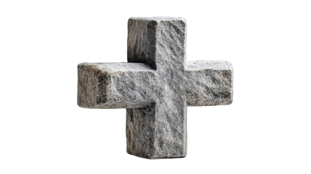 Carved stone cross on transparent background ideal for religious symbolism, decoration, or artistic representation featuring a textured surface designed for various uses