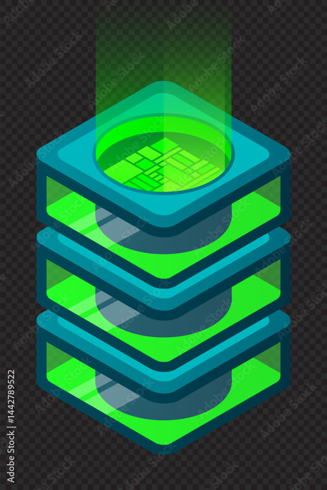 Poster isometric database. isometric futuristic server. big data isometric. cloud computing and file cloud 
