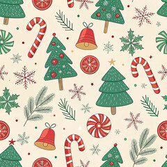 Seamless Christmas Pattern with Candy Canes, Trees, Ornaments, and Holiday Elements

