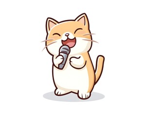 A cheerful, orange cartoon cat joyfully sings into a microphone