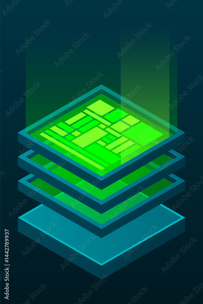 Poster isometric database. isometric futuristic server. big data isometric. cloud computing and file cloud 