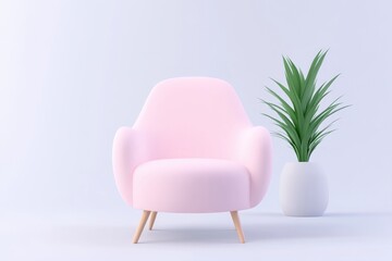 Fototapeta premium Pink armchair in a minimalist interior design scene with a potted plant