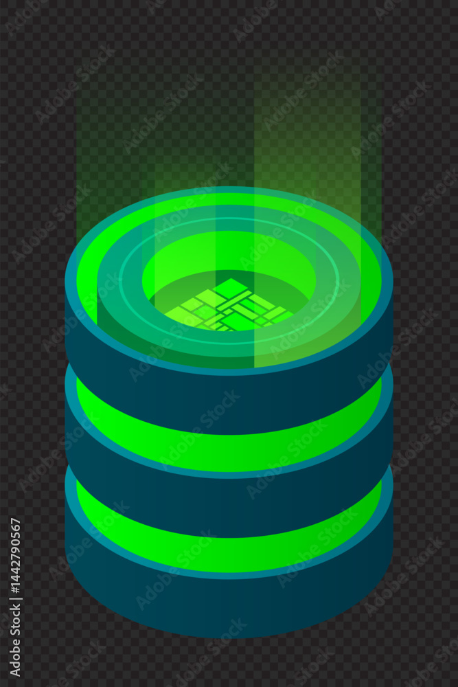 Poster Isometric database. Isometric futuristic server. Big data isometric. Cloud computing and file cloud storage. Isometric technology