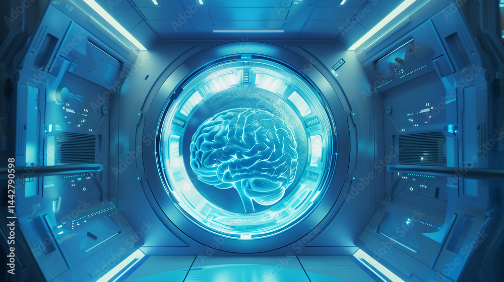 Poster This intricate neural network in a bright, high-tech chamber for memory transfer exploration.