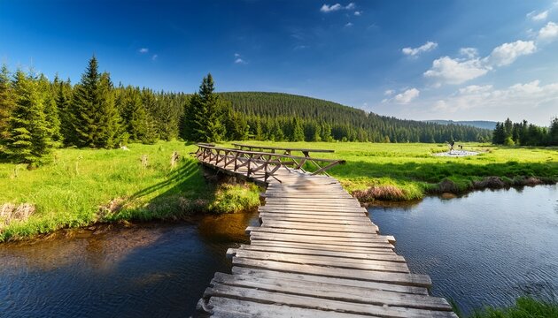 wooden bridge over izera river and green meadows with spruce trees on hala izerska on sunny spring day jizera mountains lower silesia poland