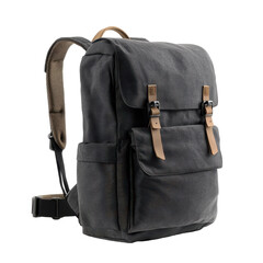 Naklejka premium A gray canvas backpack with tan accents, perfect for carrying cameras or other equipment.