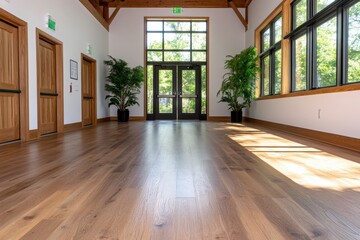 Obraz premium Spacious sunlit interior with hardwood floors, large windows, and potted plants. Natural light illuminates the room, creating a bright and airy atmosphere.