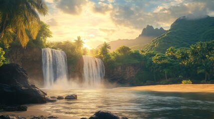 Tropical paradise waterfall at sunset. Lush landscape with a cascading waterfall, golden light, and a pristine beach, nestled amongst verdant foliage and towering mountains