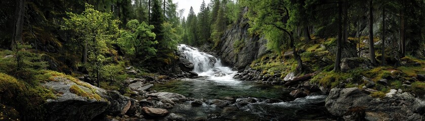 Obraz premium The waterfall flows through a wild paradise, far from modern civilization