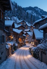 Fototapeta premium A peaceful alpine village blanketed in fresh snow with glowing windows, narrow streets, and a twilight blue hour atmosphere Generative AI
