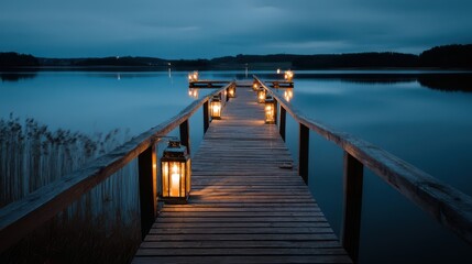 Fototapeta premium Night view of a wooden pier over calm water in summer, landscape photography