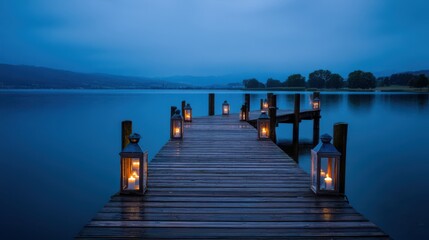 Obraz premium Night view of a wooden pier over calm water in summer, landscape photography
