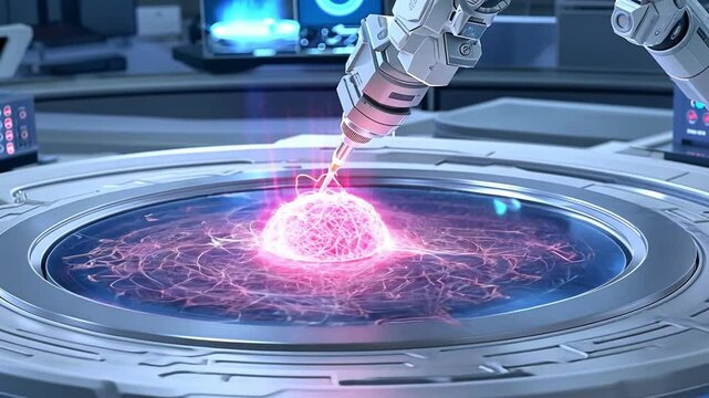 Futuristic robotic arm interacting with glowing particle energy in high-tech laboratory environment
