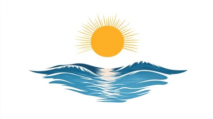 Obraz premium Vibrant Sun Rising Over Serene Ocean Waves in A Bright Blue Sky Illustration