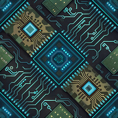 Futuristic Microchip on Digital Circuit Board with Glowing Blue Lines

