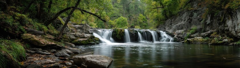 Obraz premium The depth of field in nature makes the waterfall stand out while keeping the background dreamy