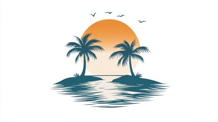 Fototapeta premium Serene Beach Sunset with Palm Trees and Tranquil Ocean View in Vibrant Colors