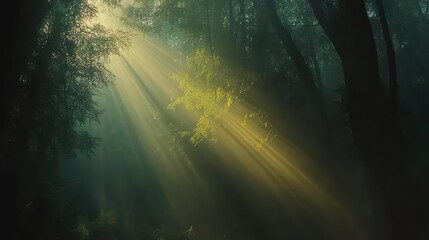 Obraz premium Sunbeams piercing misty forest canopy