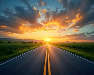 Scenic Road at Sunset with Glowing Sky – Vibrant Landscape Photography with Golden Hour Light, Trees, and Horizon Perspective

