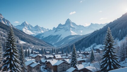 Fototapeta premium A tranquil winter alpine village under clear skies with snow-covered rooftops, snowy pine trees, and majestic peaks in the background Generative AI