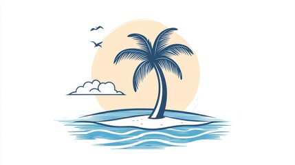Obraz premium Serene Tropical Paradise with Palm Tree, Sun, Clouds, and Ocean Waves for Relaxation and Vacation Themes