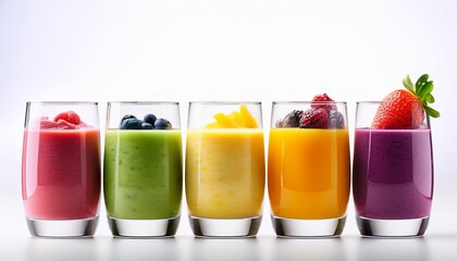 colorful fruity smoothies layered in glasses on white background