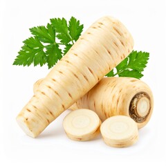 Fresh Parsnip Root Vegetable with Green Leaves Display