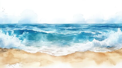 Fototapeta premium Peaceful Seaside Landscape with Gentle Waves and Calm Sky in Watercolor Style for Relaxation and Inspiration