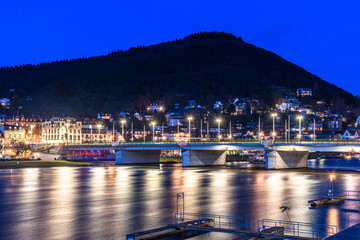 View to Theodor Heuss Bridge in Heidelberg, Germany at night