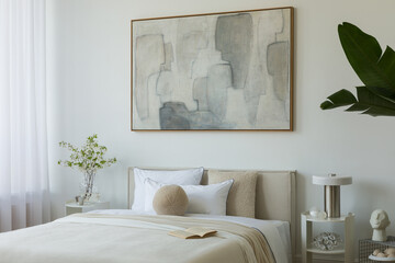 Bright bedroom interior with cozy bedding, large plant, and minimalist side table styling.