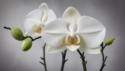 Obraz premium Stunning close-up of pristine white orchids displaying intricate petal details and serene beauty.