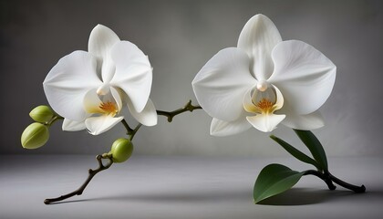 Fototapeta premium Beautiful white orchid flowers in bloom on a branch, elegant studio shot against a grey backdrop.