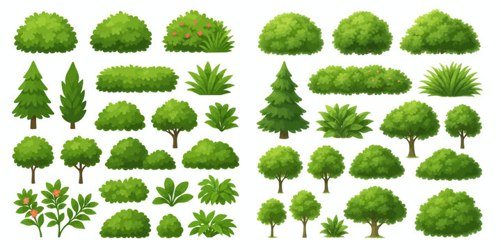 Set of cartoon-style vector trees, bushes, and garden plants &ndash; green foliage elements isolated on white background