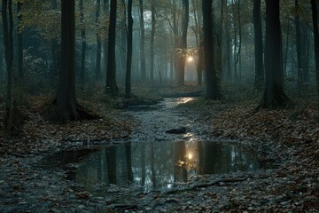 Fototapeta premium Misty forest path with a sunlit stream reflecting golden light Fallen leaves cover the ground Tall trees line the path