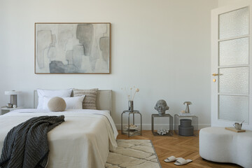 Full view of serene bedroom interior with natural textures, minimalist decor, and geometric carpet.