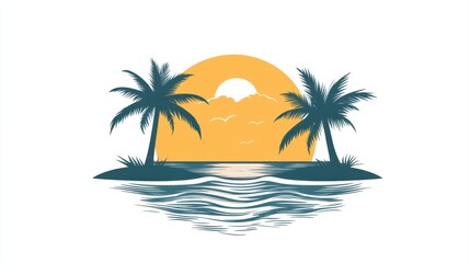 Obraz premium Tropical Island Sunset with Palm Trees and Calm Sea Reflections in Vector Art Style