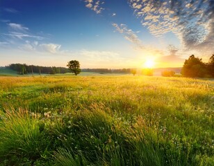 Obraz premium beautiful bright sunrise over large summer pasture with grasses